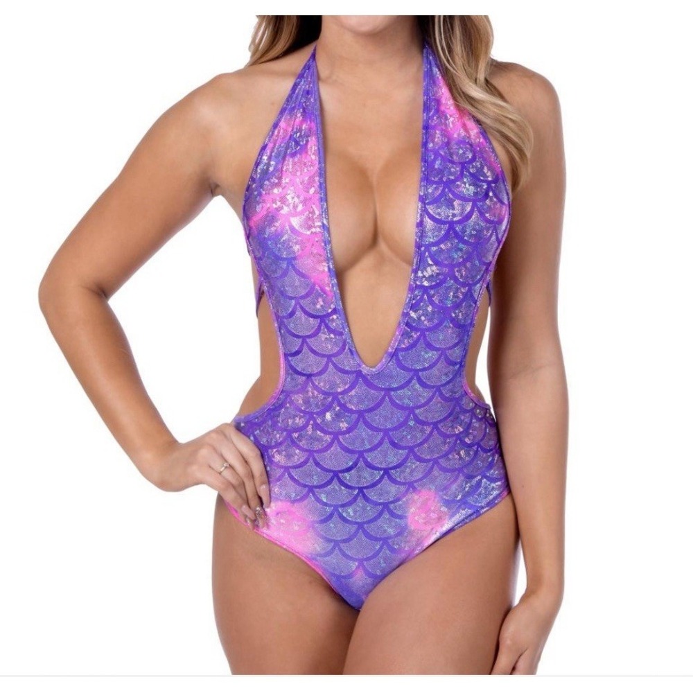 Bodyshotz Purple Holographic Mermaid Rave Dancer Lace Bodysuit NWT - Size Small